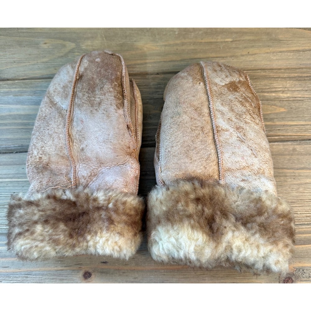 VTG Shearling Mittens Sheepskin Fur Gloves Mens Small Tan Work Cozy